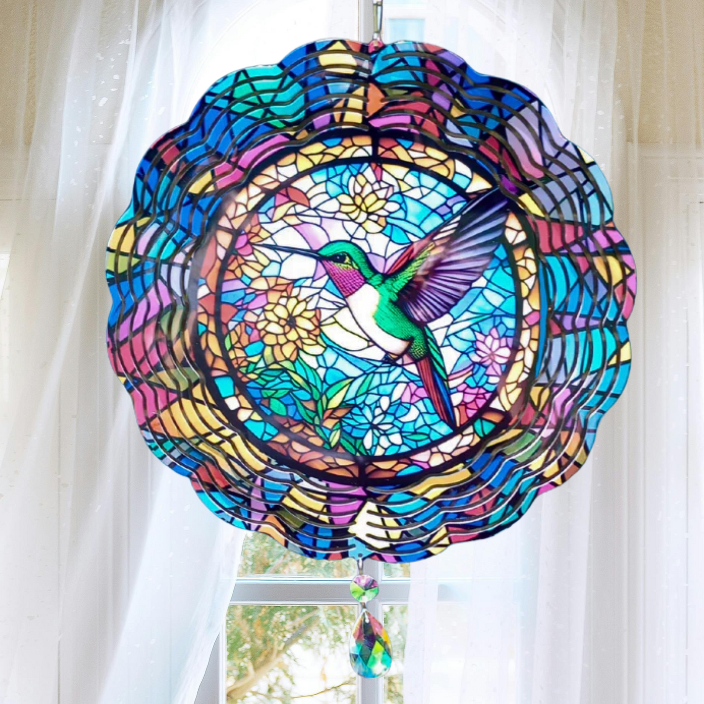Green and White Hummingbird wind spinner