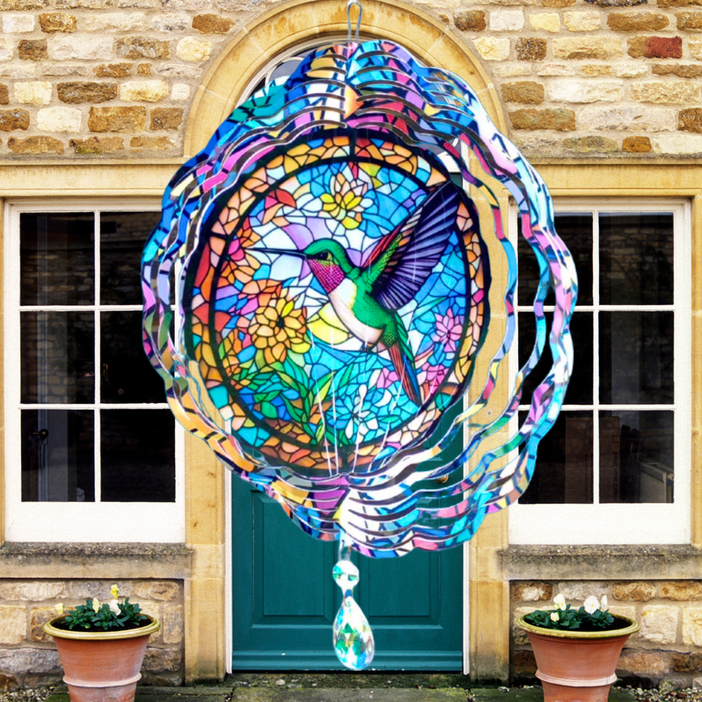 Green and White Hummingbird wind spinner
