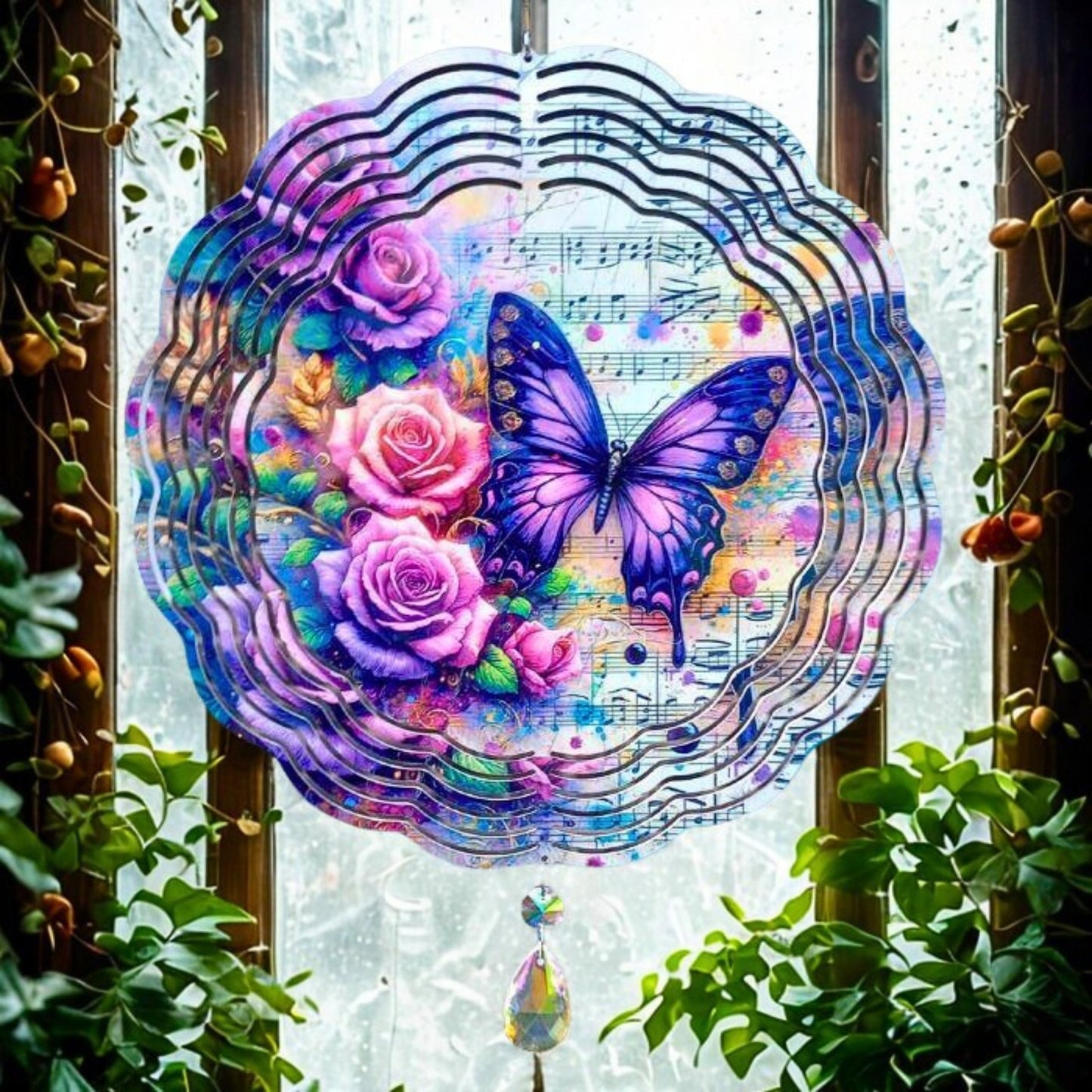 Butterfly on a Music Sheet with Roses wind spinner