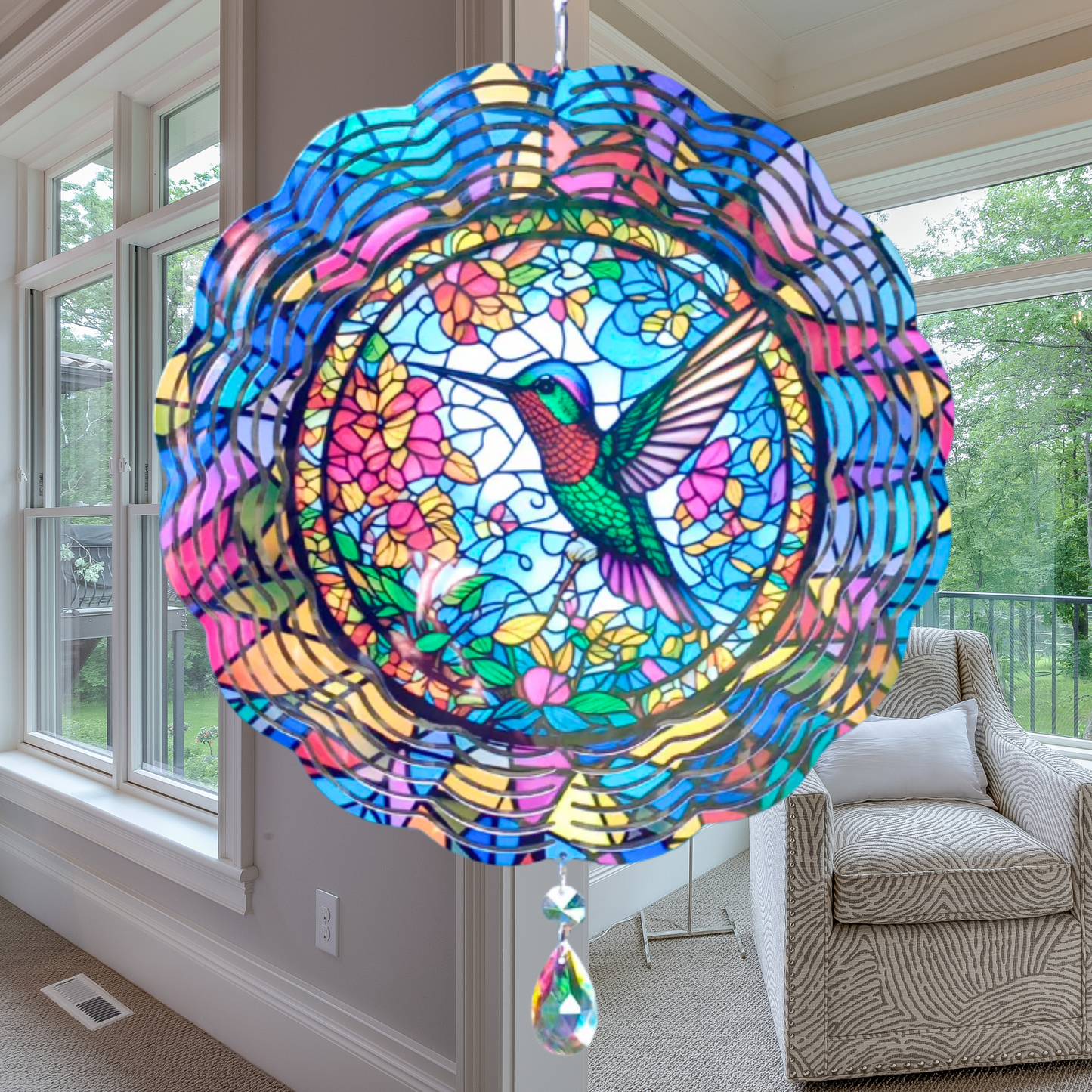 Green and Red Hummingbird wind spinner