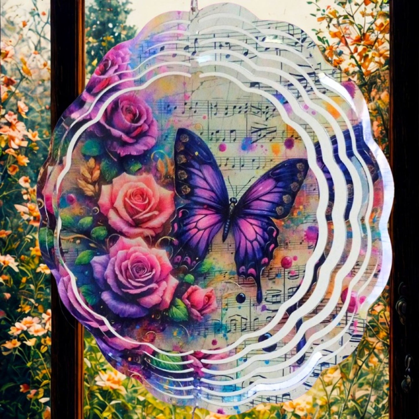 Butterfly on a Music Sheet with Roses wind spinner