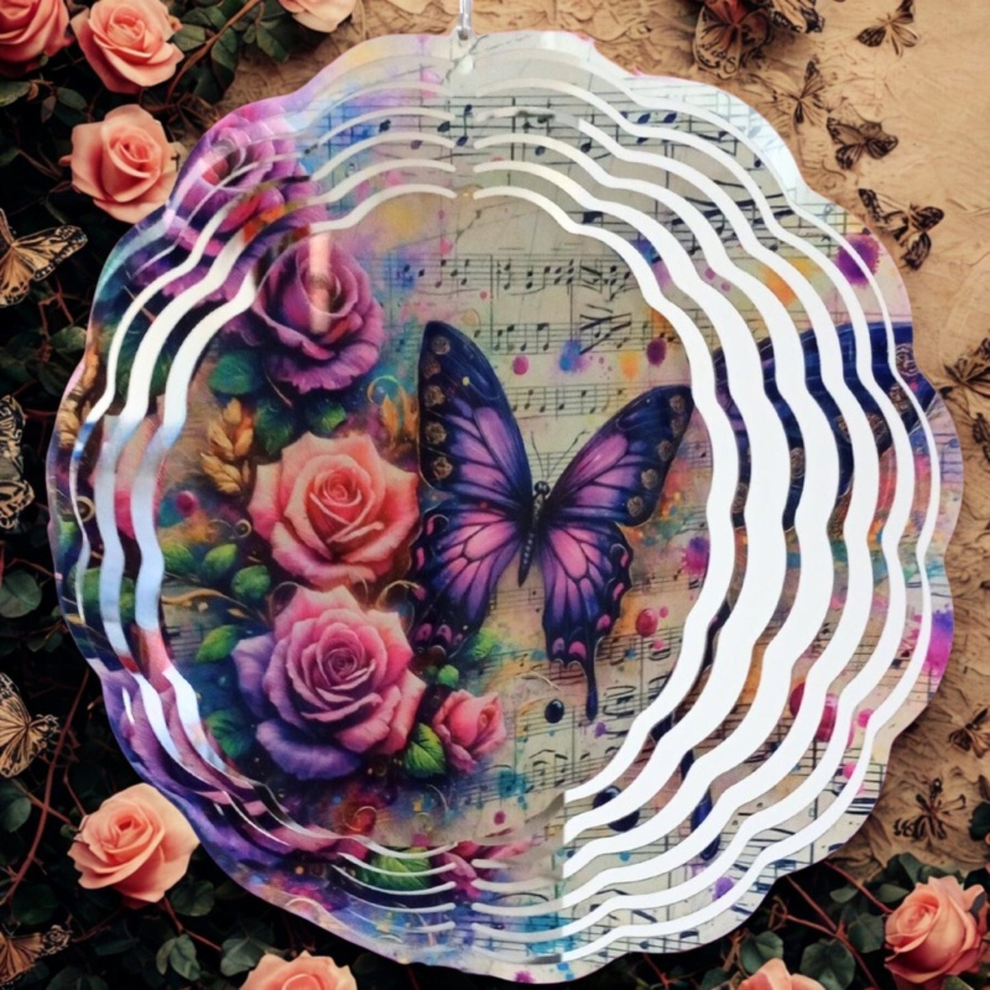 Butterfly on a Music Sheet with Roses wind spinner