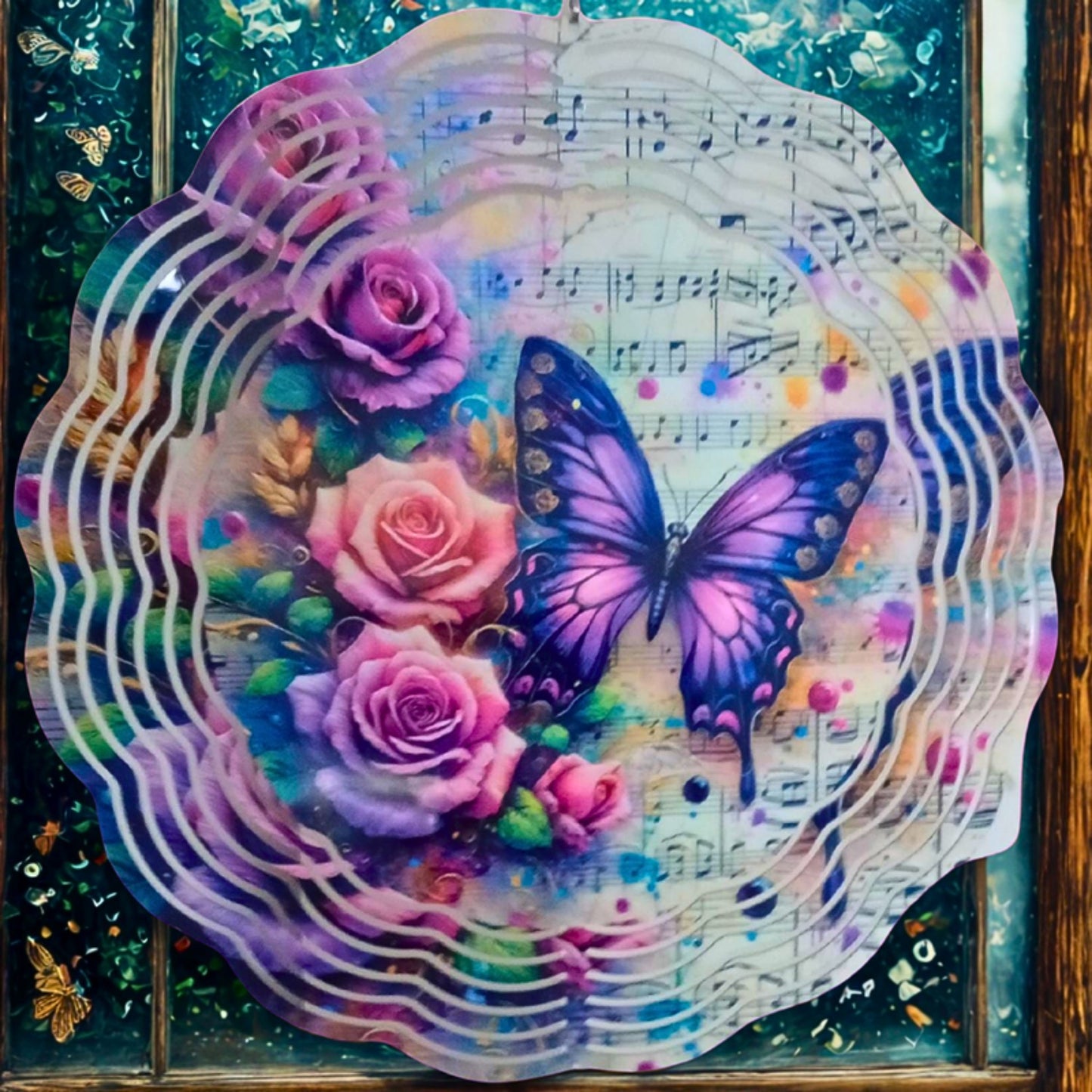 Butterfly on a Music Sheet with Roses wind spinner