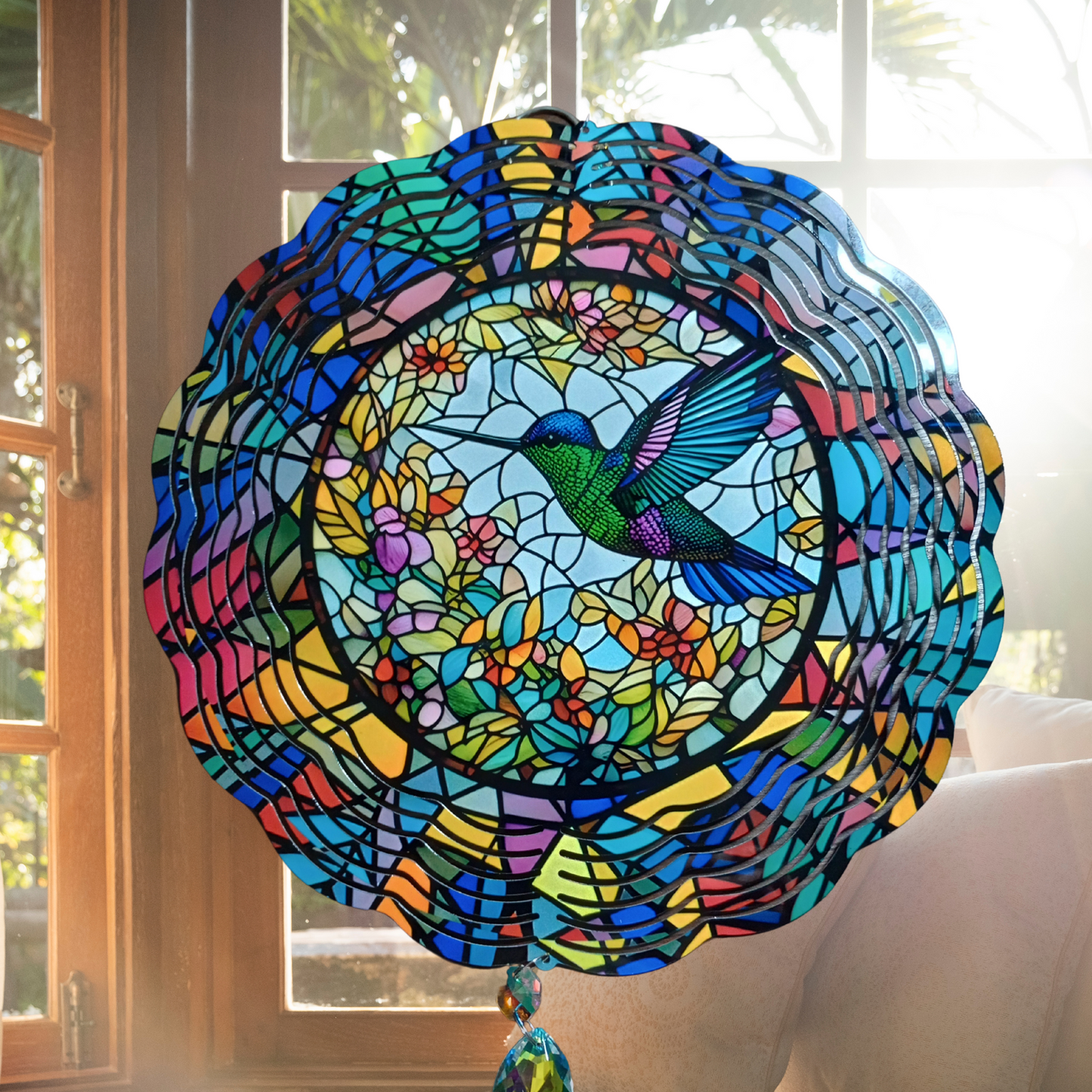 Green and Blue Hummingbird wind spinner