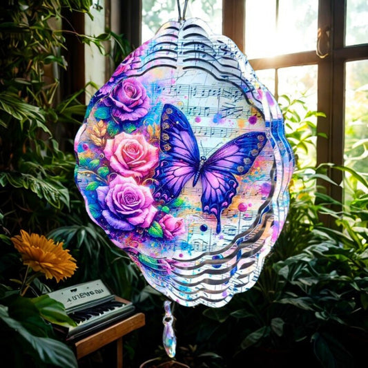 Butterfly on a Music Sheet with Roses wind spinner
