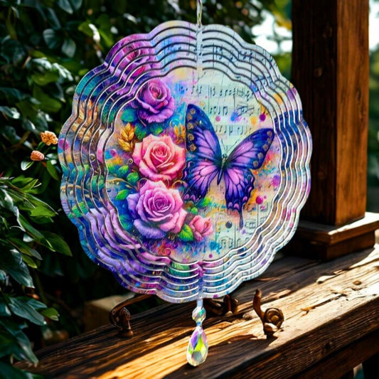 Butterfly on a Music Sheet with Roses wind spinner