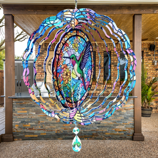 Green and White Hummingbird wind spinner