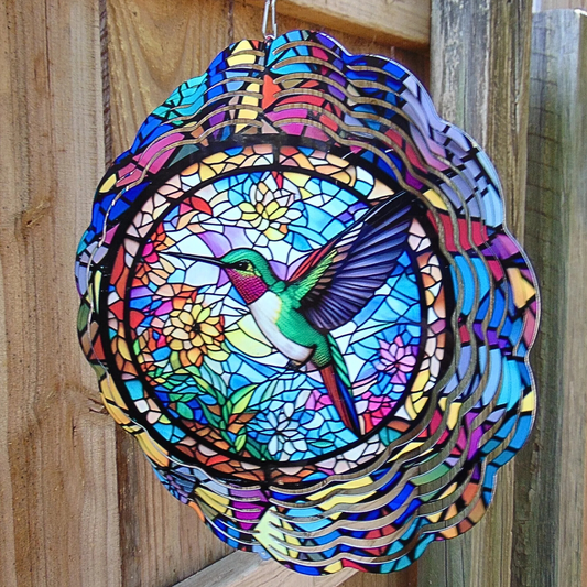 Green and White Hummingbird wind spinner